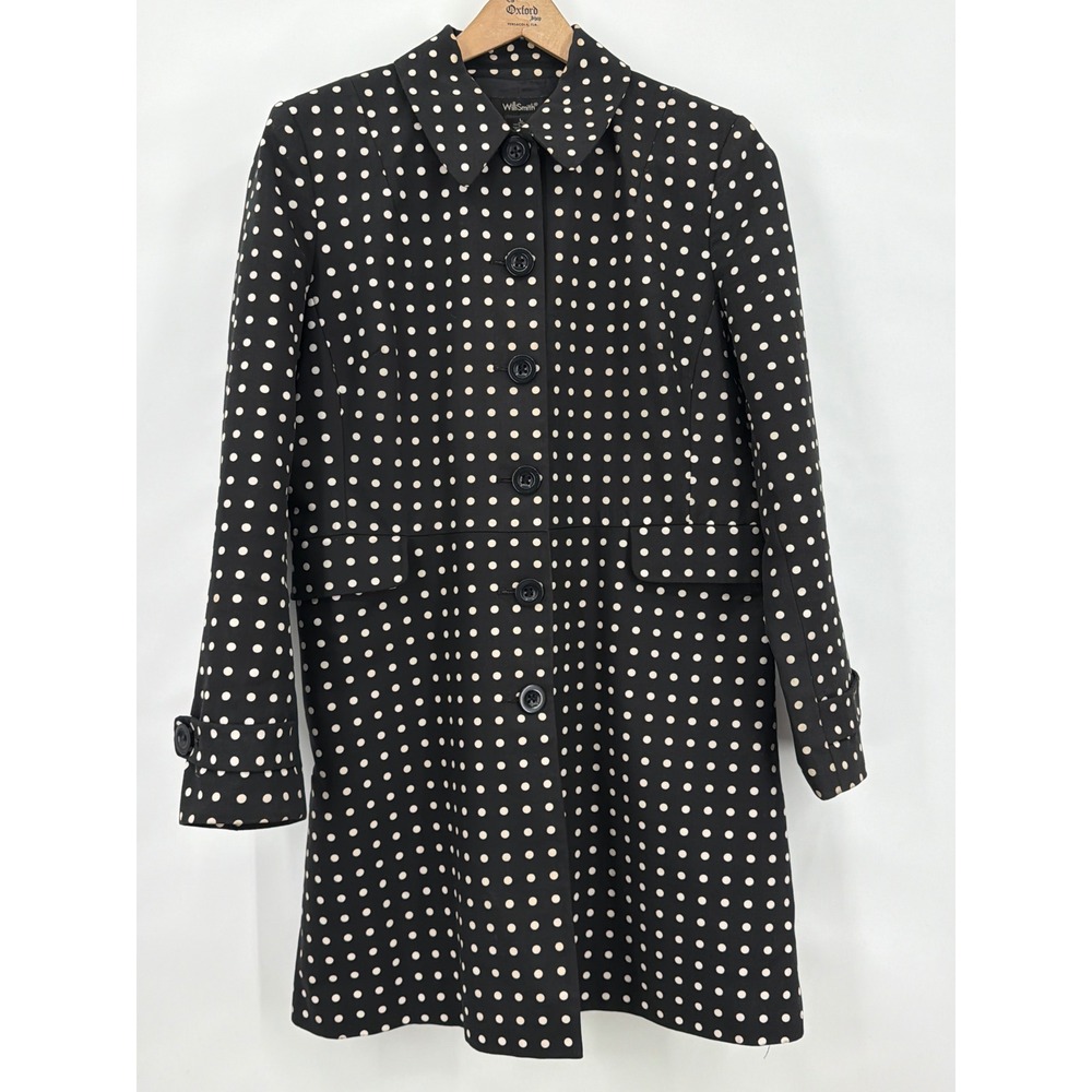 Vintage Willi Smith Womens Black White Polka Dot Cotton Trench Coat Jacket Large